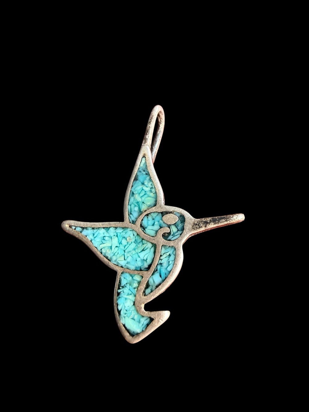 Sterling Silver Crushed Turquoise Chip Inlay Hummingbird Pendant Charm Small